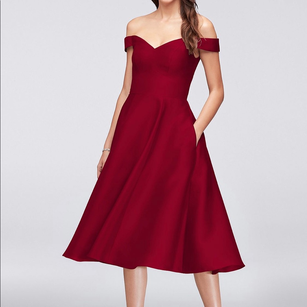 David’s Bridal Off-the-Shoulder Tea-Length Dress